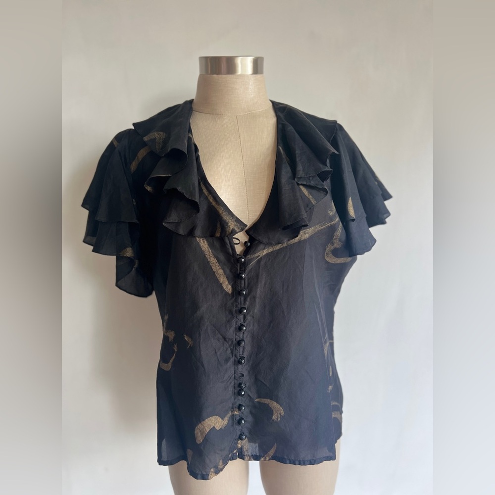 Silk Ralph Lauren brand flutter ruffle shirt with ebony buttons